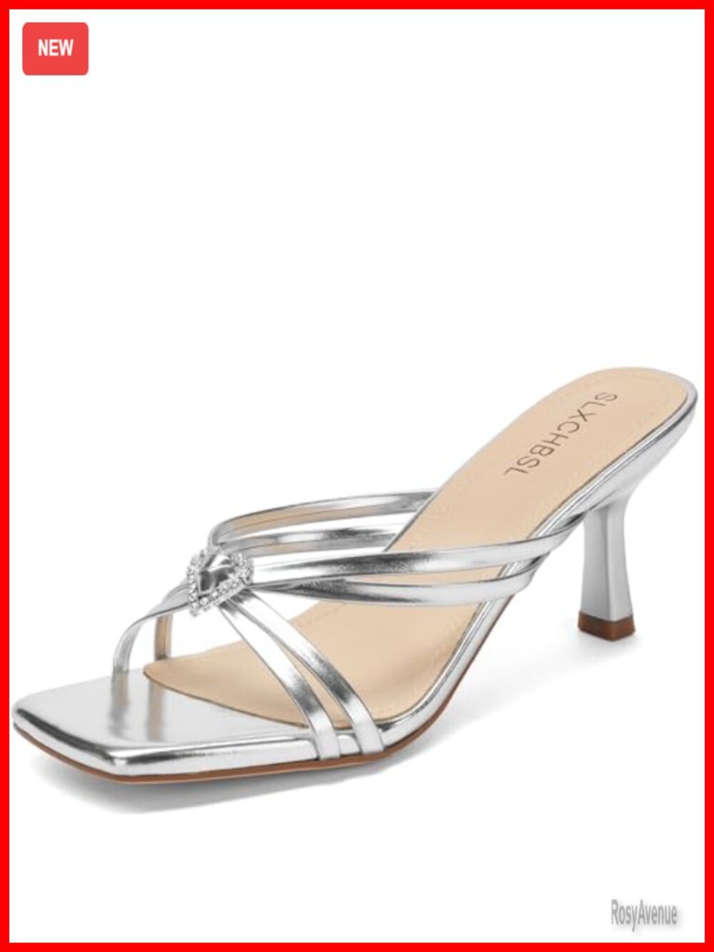 Kitten Heel Sandals Rhinestone Square Toe Slip On Heeled Mules for Dress Party